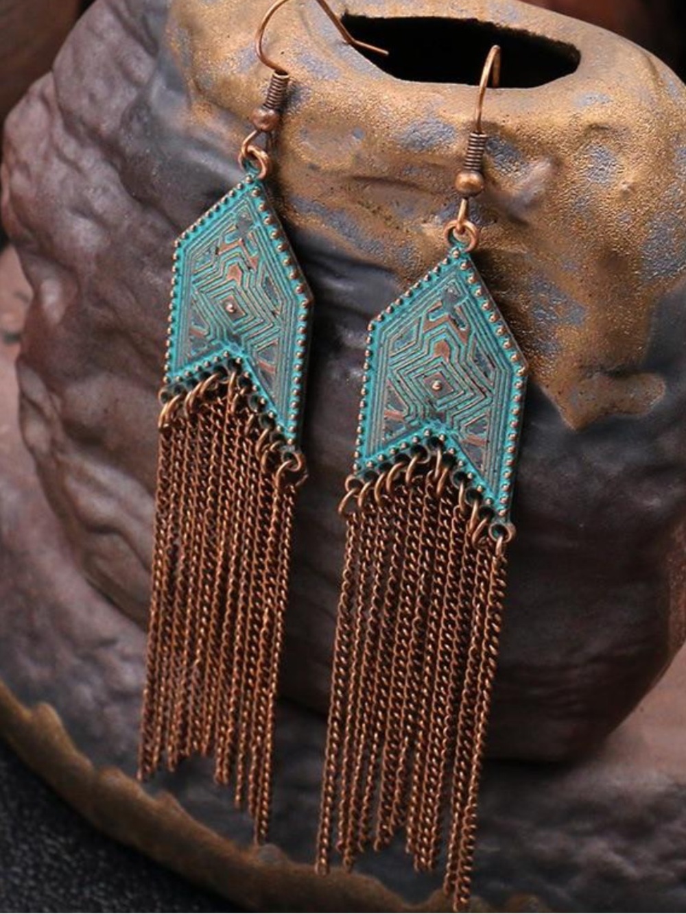 Boho Patina Turquoise & Copper Fringe Drop Earrings